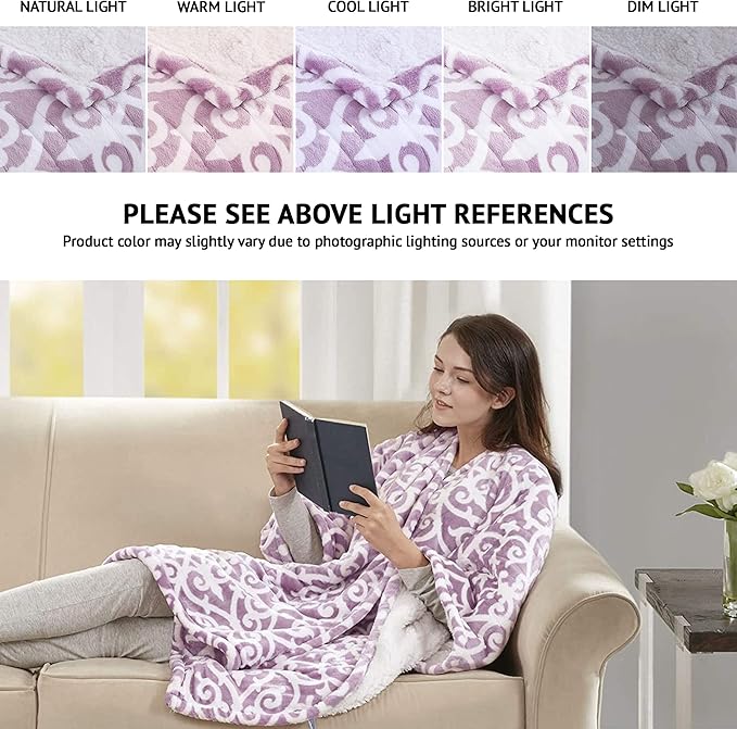 Beautyrest Wearable Electric Poncho Wrap Blanket, Ultra Soft Sherpa & Berber Fleece Heated Throw,UL Certified & OEKO-TEX,3 Heat Settings & 2 Hour Auto Shutoff, Gift-Ready, 50" x 64", Lavender Lattice