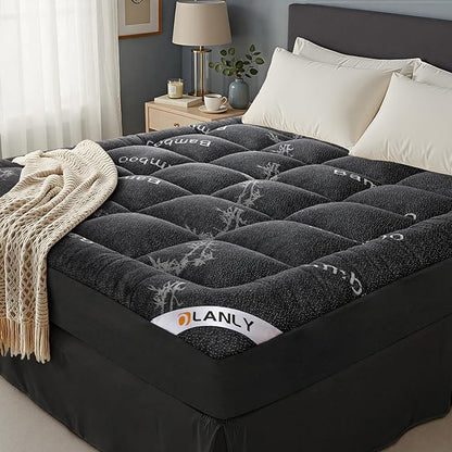OLANLY King Mattress Topper – Viscose Made from Bamboo, Cooling Soft King Pillow Top Mattress Pad for Back Pain Relief, Plush Down Alternative Fill Bed Topper with Elastic Deep Pocket, Dark Gray