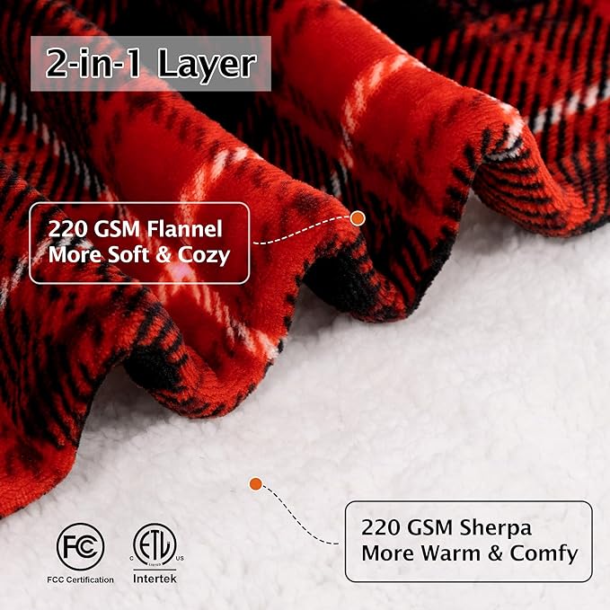 Red Christmas Electric Heated Blanket 90"x100", Fast Heating King with 8 Hours Auto Off/8 Heats Levels, Soft Plaid Sherpa with ETL Certification, Gift for Women Adults Keep Warm in Home Office
