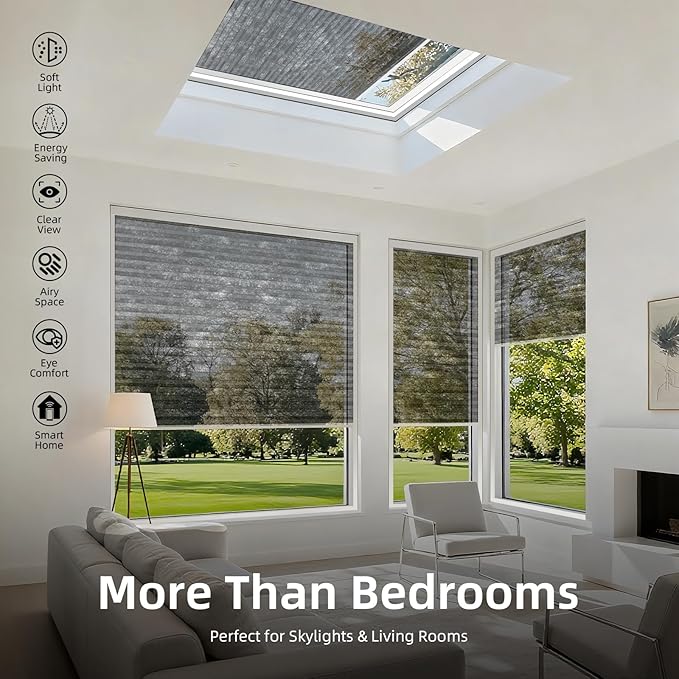 ZSTARR Motorized Skylight Shades Blackout Cellular Honeycomb Electric Blinds with Solar Panel Cordless Rechargeable with Remote for Roof and Slanted Windows Custom Size (Sheer Silver Steel)