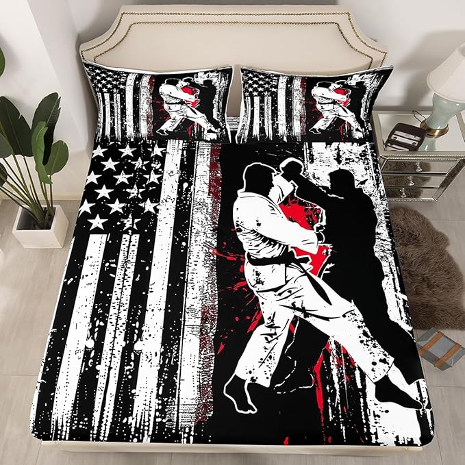 Manfei Jiujitsu Fitted Sheet Twin Size, American Flag Print Bedding Set 2pcs, Japanese Judo Sports Bed Cover with 1 Pillowcase, Kids Boys Teens Adults Room Decor, Soft Bedding(No Top Sheet)