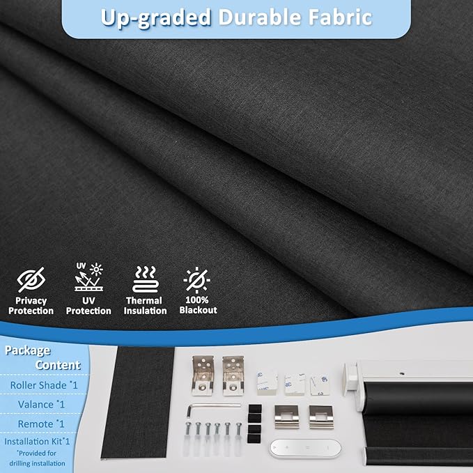 Smart Motorized Blinds with Remote, Cordless No-Drill Automatic Roller Shades, Blackout Electric Blind for Windows, Black, 33.5 x 72