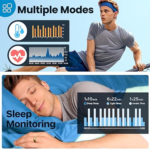 Smart Ring Health Tracker - 24/7 Fitness & Sleep Tracking with Heart Rate Monitor, IP68 Waterproof Activity Tracker for Men/Women, 50+ Workout Modes, 7-Day Battery(Gold 12#)