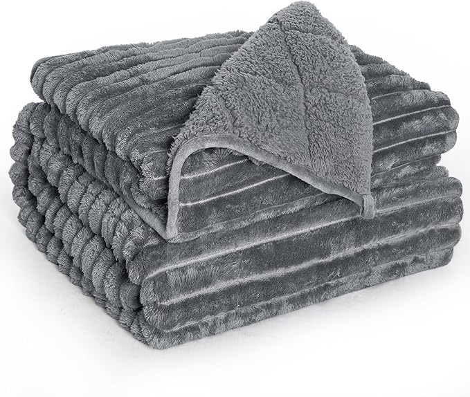 Sherpa Fleece Weighted Blanket for Adults Queen Size 12lbs, Soft Cozy Flannel Heavy Throw Blanket for Relax and Deep Sleep, 3D Ribbed Warm Fleece Weighted Blankets for Couch and Bed, 60" x 80"