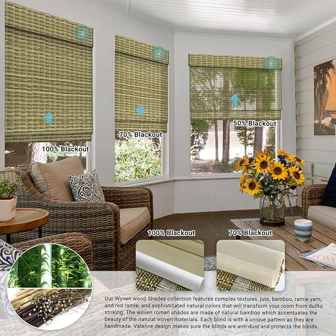 SmartWings Motorized Natural Woven Wood Shades for Windows, Electric Roman Shades with Remote for Bedroom Living Room, Work with Matter Zigbee Alexa Z-Wave Google Home, Customized, Bamboo Jute 905