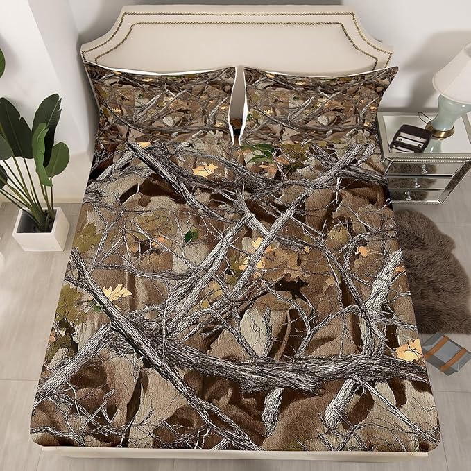 Tree Kids Full Size Fitted Sheet,Plant Camo Branches Leaves Boys Girls Bed Sheets,Natural Landscape Retro Room Decor,Brown Bedding Set,2 Pillowcases(No Flat)