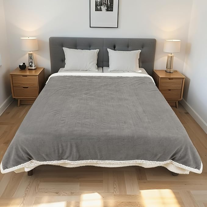 Electric Heated Blanket Throw Size 50"x60" - Dual-Sided with Microplush & Sherpa Fabric, 4 Heat Settings & 3 Hours Auto Off, Machine Washable - Light Gray