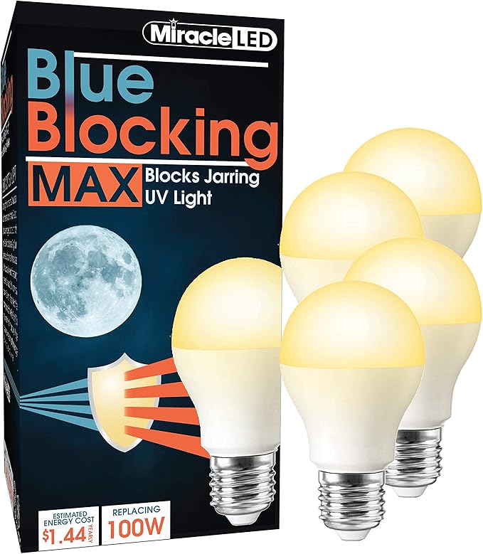 MiracleLED 604672 MAX 4-Pack Blue Blocking Bulb, Amber Glow