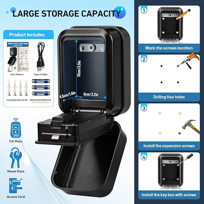 HUANLANG Smart Key Lock Box - Bluetooth Electronic Lock Box for Keys, Wall Mount Digital Key Storage with App Control & PIN Code Types, IP65 Waterproof lockbox for Home, Airbnb, Realtor and Office