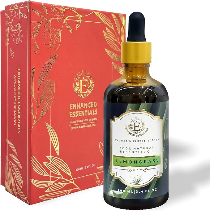 Luxurious Lemongrass Essential Oil by Enhanced Essentials|Slow Distilled,Organic and Pure Oils for Skin Care,Aromatherapy,Bath,Massage,Perfume,Gifting,Soap and Candle Making| 3.38 fl oz (100 ml)