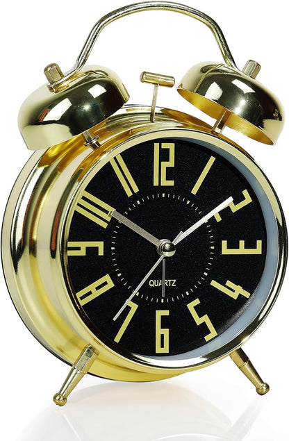 Super Loud Alarm Clock for Heavy Sleepers Adults,Twin Bell Retro 4 Inch Silent Non-Ticking Quartz with Backlight, Metal dial, Alarm Clocks for Bedrooms Bedside(Gold- Black)
