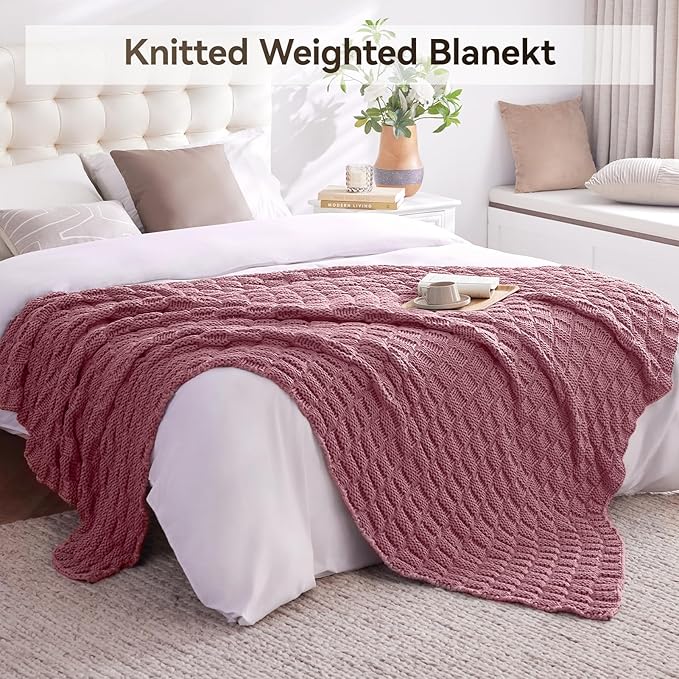 Knitted Weighted Blanket for Adult, No Beads Heavy Blanket 50” x 60'' 10lbs, Breathable Chunky Knit Blanket, Cooling Weighted Blanket for Hot Sleepers, Christmas Home Decor (Pink)