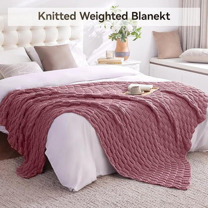 Knitted Weighted Blanket for Adult, No Beads Heavy Blanket 50” x 60'' 10lbs, Breathable Chunky Knit Blanket, Cooling Weighted Blanket for Hot Sleepers, Christmas Home Decor (Pink)