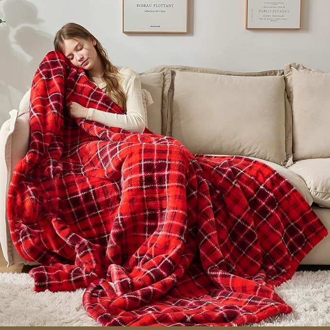 MAXEVE Faux Fur Heated Electric Blanket, 62"x84" Fast Heating Warming Twin Blankets with 8 Heating Levels & 8 Hours Auto Off with Over-Heat Protection & ETL Certified, Plaid Red