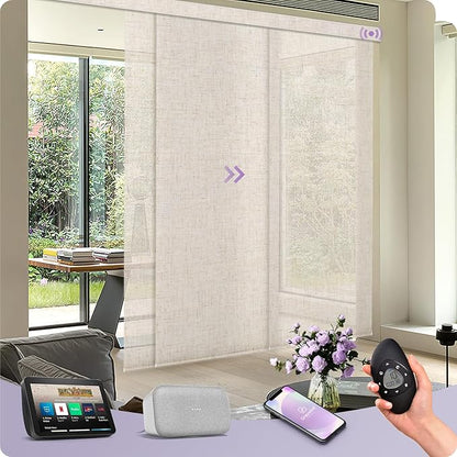 Graywind Motorized Sliding Panels Semi-Sheer Compatible with Alexa Google Smart Panel Track Blinds Remote Control for Patio Sliding Door (Sheer Linen Beige, Custom Size)