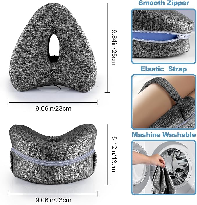 Knee Pillow for Side Sleepers, Leg Pillow for Sleeping, Knee Pillow with Strap, Alignment Pillow Between Legs, Suitable for Relieving Leg, Back & Knee Pain, Machine Washable (Grey)