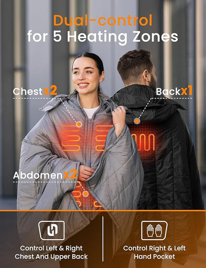 HENNCHEE Heated Blanket Battery Operated with Removable Hooded 70" x 42" Portable Heated Blanket with 16000mAh Battery Pack 5 Heating Zones Waterproof Heated Poncho for Home, Outdoors, Camping, Grey