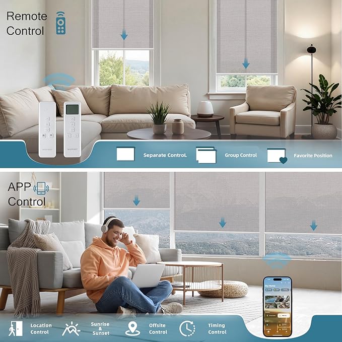Motorized Light Filtering Roll Shades Work with HomeKit, 50% Blackout Smart Blinds for Windows, Electric Blinds with Remote, APP/Voice Control, Automatic Solar Shades,Sunscreen PVC Free Stone