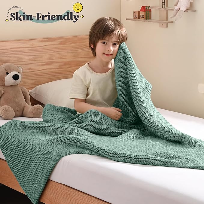 Guohaoi Knitted Weighted Blanket Kids (Haze Green 50"x60" 10lbs) No Beads Cooling Heavy Blanket, Home Decor Breathable Chunky Knit Throw Blanket for All-Season Use