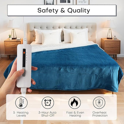 Electric Blanket Twin Size 62" x 84", Thickened Flannel and Sherpa Heated Blanket,10 Hours Timer Auto-Off,5 Heating Levels, Machine Washable, Lake Blue&White