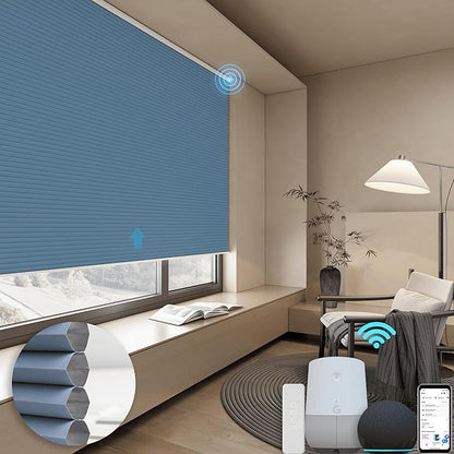 Motorized Cellular Shades with Remote, Blackout Smart Cellular Shades Compatible with Alexa, Cordless Honeycomb Window Blinds for Bedroom Home Office, Custom Size, Blackout Blue