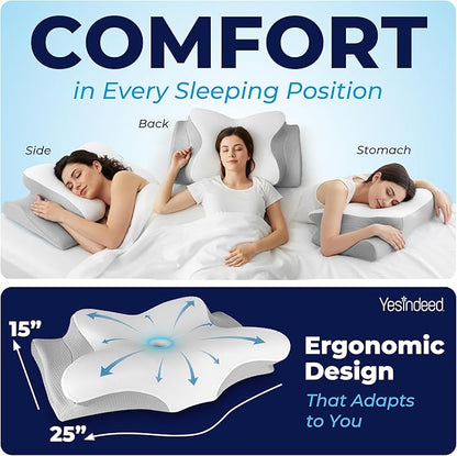 YESINDEED Pain Relief Cooling Pillow – Cervical Neck Support for Sleeping, Contoured Memory Foam Design for Neck and Shoulder Pain, Ergonomic Sleep Solution for Side Sleepers, Snoring, Posture