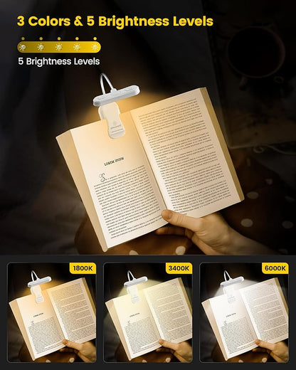 Glocusent Horizontal ET-Head Book Light for Reading in Bed, Eye Caring, CRI 95, 3 Colors & 5 Brightness, Rechargeable Long Lasting Reading Light, 1.8Oz Lightweight & Portable, Perfect for Book Lovers