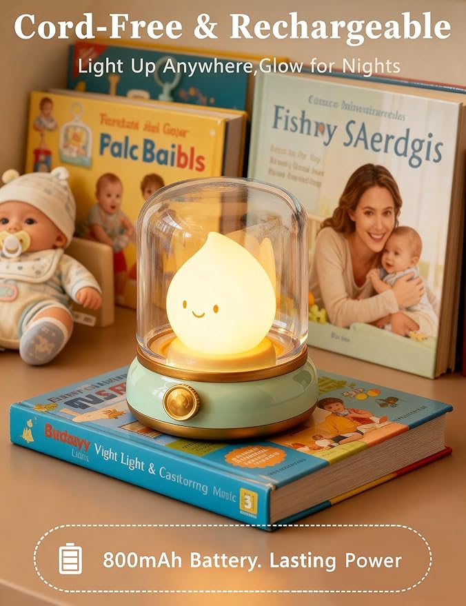 Cute Smiley Lamp, Portable LED Night Light for Bedroom, Camping | Rechargeable, Dimmable, Candle Flame Light, Desk Decor & Gifts