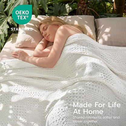 Joiedomi Cooling Waffle Blanket - Turkish Cotton Queen Size Soft White Blanket, Summer Breathable of Rayon Derived from Bamboo for Hot Sleepers, Luxuries Throw for Bed, Couch and Sofa, 90x90 Inches