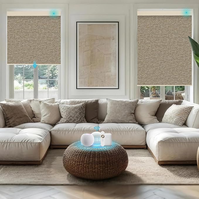 Motorized Blinds with Remote, 100% Blackout Smart Blind Roller Shades Compatible with Alexa Homekit, Automatic Electric Shades for Windows Customized Size（Elegant-Khaki）