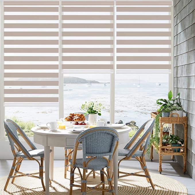 Changshade Cordless Blackout Zebra Blinds for Indoor Windows Sliding Glass Doors, Custom Size Zebra Roller Shades Dual Layer Fabric Light Blocking Darkening for Living Room, Bedroom, Bathroom, Beige