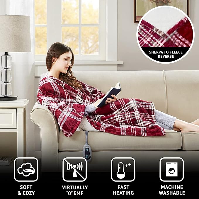 Beautyrest Wearable Electric Poncho Wrap Blanket, Ultra Soft Sherpa & Berber Fleece Heated Throw, UL Certified & OEKO-TEX, 3 Heat Settings & 2 Hour Auto Shutoff, Gift-Ready, 50" x 64", Red Plaid