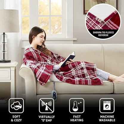 Beautyrest Wearable Electric Poncho Wrap Blanket, Ultra Soft Sherpa & Berber Fleece Heated Throw, UL Certified & OEKO-TEX, 3 Heat Settings & 2 Hour Auto Shutoff, Gift-Ready, 50" x 64", Red Plaid
