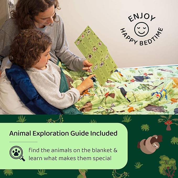 Aricove Weighted Blanket Kids, 7 lb, 40x60 inches, Small Twin Size, Soft Cotton, Machine Washable, Green/Jungle Animals