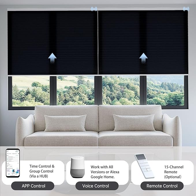 Motorized Cellular Shades with Remote, Light Filtering Smart Cellular Shades Compatible with Alexa, Honeycomb Window Blinds for Bedroom Home Office, Custom Size, Half Shading Black