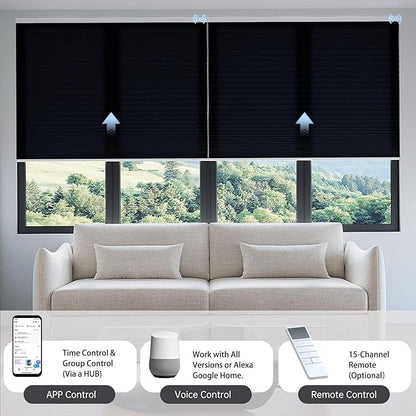 Motorized Cellular Shades with Remote, Light Filtering Smart Cellular Shades Compatible with Alexa, Honeycomb Window Blinds for Bedroom Home Office, Custom Size, Half Shading Black