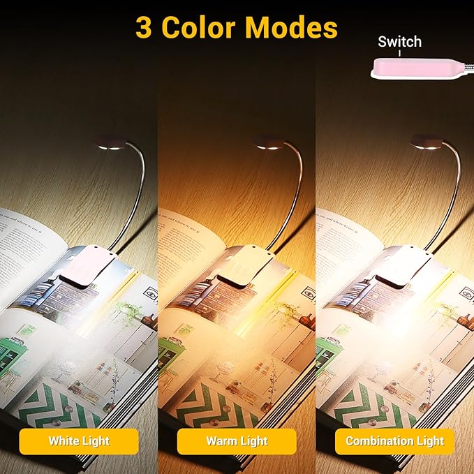 Book Light 2 Pack, Rechargeable Reading Lights for Books in Bed-Eye Caring 3 Colors, Stepless Dimming, 360° Flexible Studying Small Desk Lamp, Lightweight Clip-on LED Night Light for Book Lovers, Kids