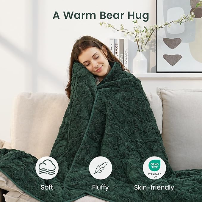 Sherpa Fleece Adult Weighted Blanket Great for Sleep, 15 lbs Dual Sided Soft Fuzzy Heavy Blankets for Couch Bed Sofa, Cozy Warm Fluffy Jacquard Throw for Winter (Green, 60" x 80", 15 Pounds)