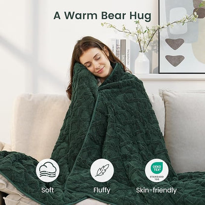 Sherpa Fleece Adult Weighted Blanket Great for Sleep, 15 lbs Dual Sided Soft Fuzzy Heavy Blankets for Couch Bed Sofa, Cozy Warm Fluffy Jacquard Throw for Winter (Green, 60" x 80", 15 Pounds)