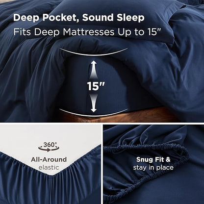 Bedsure Duvet Cover with Fitted Sheet Queen - Warm Deep Pocket, Hotel Luxury Soft Double Brushed Bedding Set with Zipper Closure, 1 Duvet Cover, 1 Fitted Sheet, 2 Pillow Shams, NO Comforter, Blue