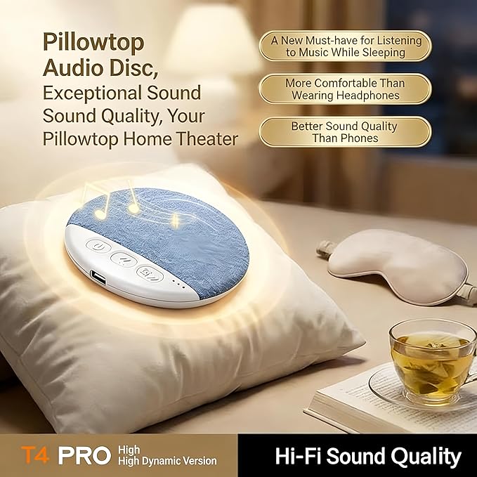 Bluetooth Pillow Speaker for Sleeping, Under Pillow Speaker with Sleep Timer & White Noise, Thin Speaker for Bed, Hi-Fi Sound, 48H Battery, Type-C, Private Listening for Adults & Kids (Pro)