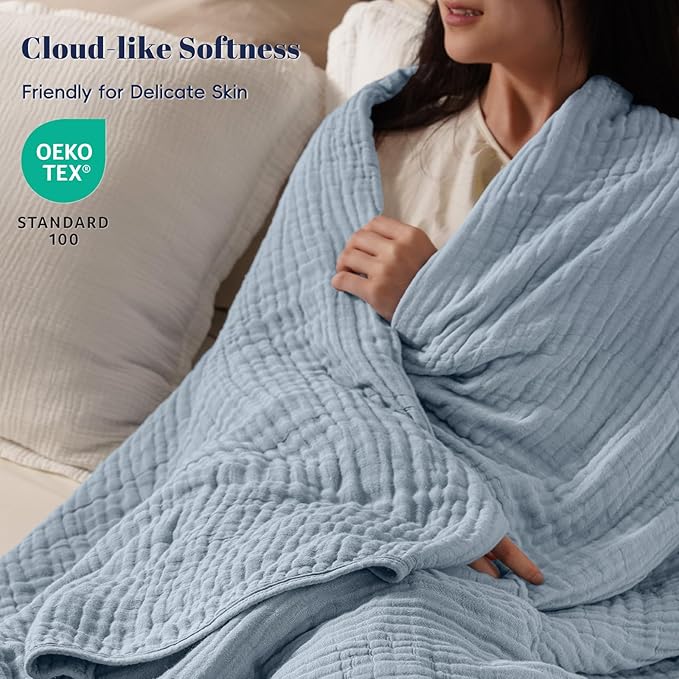 PHF Cooling Muslin Blanket Twin Size 60"x80", 6-Layer Lightweight Gauze Blanket Made from 35% Rayon Derived from Bamboo & 65% Cotton, Breathable & Ultra Soft Cozy for Hot Sleepers, Dusty Blue