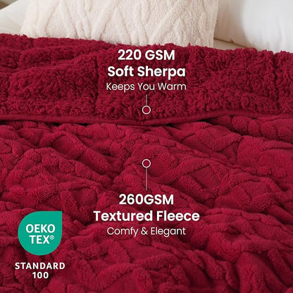 15 lbs Weighted Blanket for Adults, Dual Sided Soft Fuzzy Sherpa Weighted Blankets Full Size with Jacquard Pattern, Cozy Winter Weighted Blanket for Sofa Bed, Ceramic Beads, 48 x 72 inches, Red