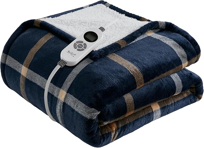 Woolrich Heated Throw Blanket with Ultra Soft Plush and Sherpa Reverse, 12 Heat Settings, Auto Shut-Off, Farmhouse & English Country Gift Throw – Navy Plaid Pattern, 50"x60"