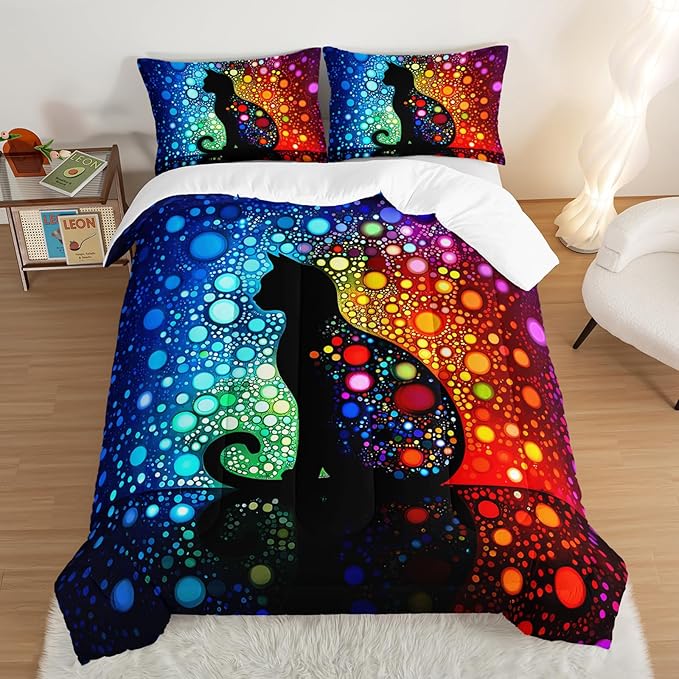 Black Cats Comforter King Bedding Sets for Girls,Colorful Abstract Dots Bed Set for Kids Boys Teens Toddler Room Decor,Bohemian Style Art Aesthetics Comforter Sets with 2 Pillowcases.
