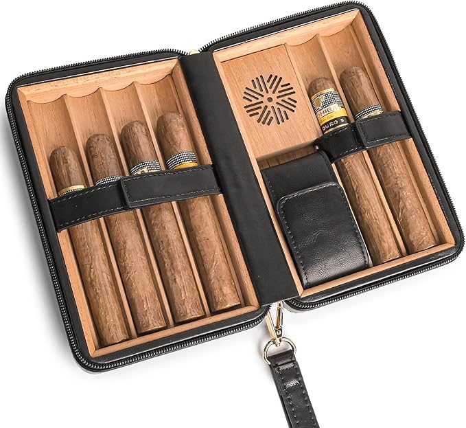 Portable Cigar Humidor Travel Case, Leather & Wood Cigar Box with Humidifier for 6 Cigars, Ideal for Travel and Desktop Storage, Compact and Durable Design (black)