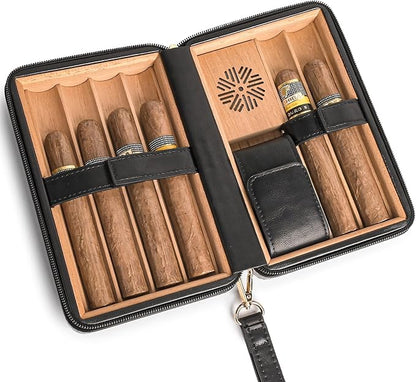 Portable Cigar Humidor Travel Case, Leather & Wood Cigar Box with Humidifier for 6 Cigars, Ideal for Travel and Desktop Storage, Compact and Durable Design (black)