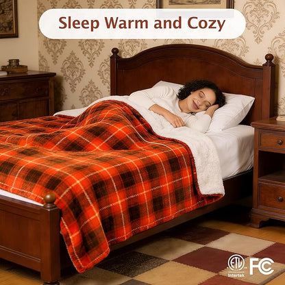 Electric Heated Blanket 62"x84",Fast Heating Twin with 8 Hours Auto Off/8 Heats Levels,Soft Orange Plaid Sherpa Electric Blanket with ETL Certification & Over-Heat Protection