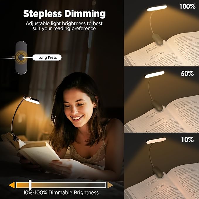 Book Light for Reading at Night - 3 Color Modes & 70 Hours Runtime Reading light for books in bed, Rechargeable LED Book Light Clip On with Flexible Neck, Eye-Care, Gift for Book Lovers, Matte Black