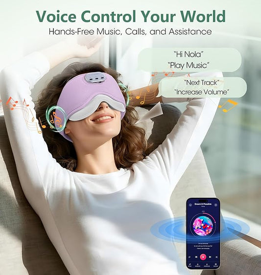 LC-dolida Voice Control Bluetooth Sleep Mask, Bamboo Cotton Bluetooth Sleep Headphones with 3D Zero-Pressure Cups and Timer Setting, Total Blackout Sleep Eye Mask for Side Sleepers, Purple
